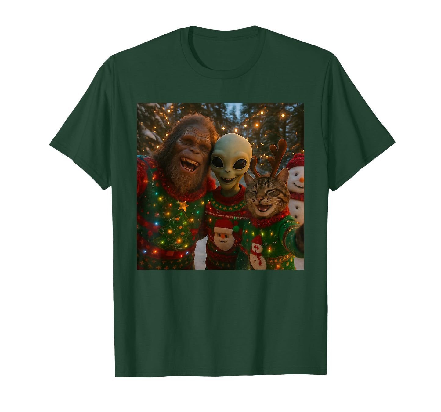 Funny Christmas Cat Selfie with Bigfoot Alien Ugly Sweater T-Shirt