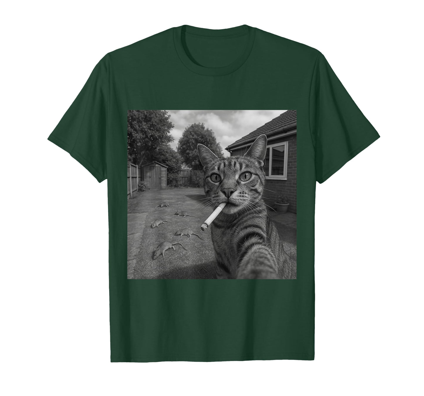 Funny Selfie Cat with Cigarette and Defeated Rats T-Shirt
