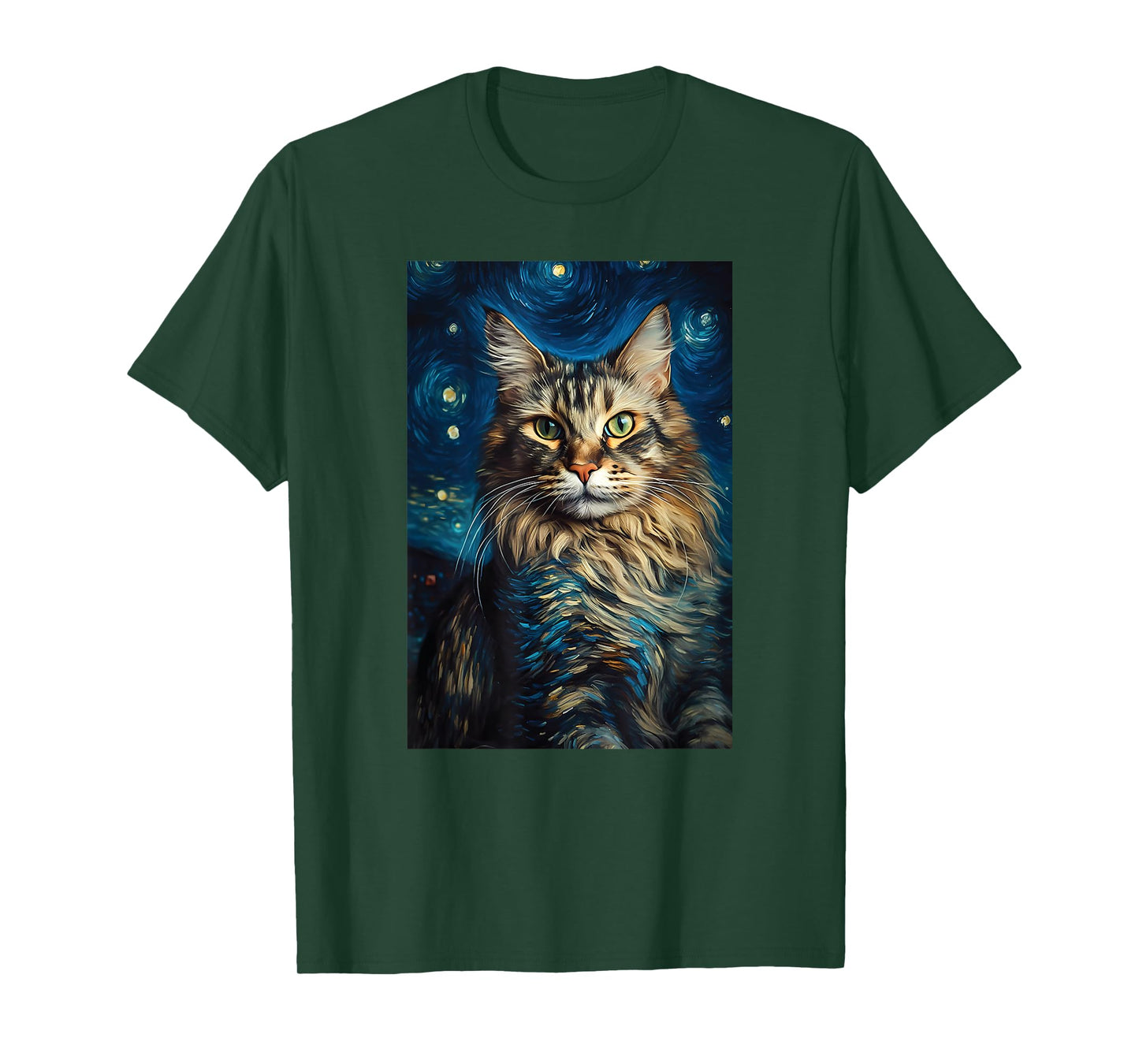 Maine Coon cat painting kitten Van Gogh art Starry Night sky Men Women Kids T-Shirt