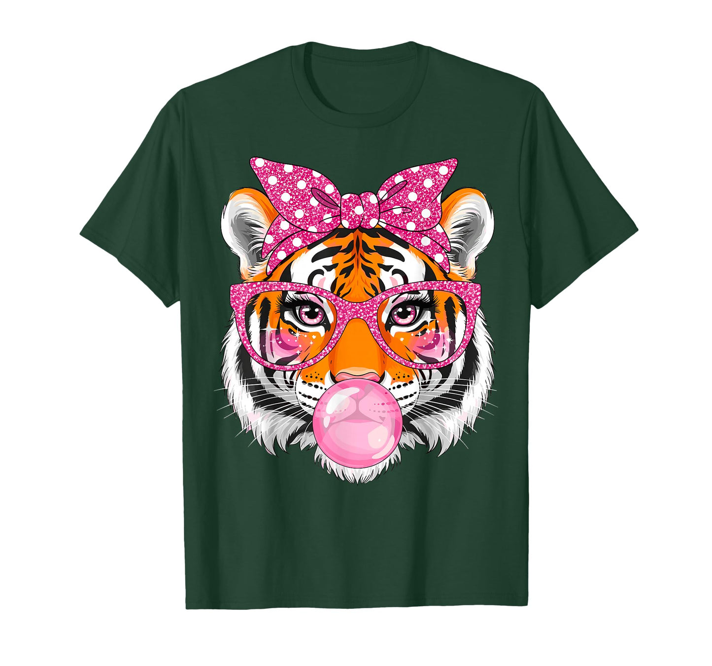 Tiger with Glasses Bubblegum and Pink Bow T-Shirt