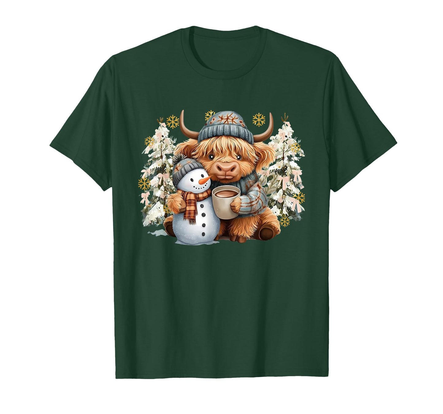 Cute Highland Cow with Snowman Hot Cocoa Christmas Trees T-Shirt