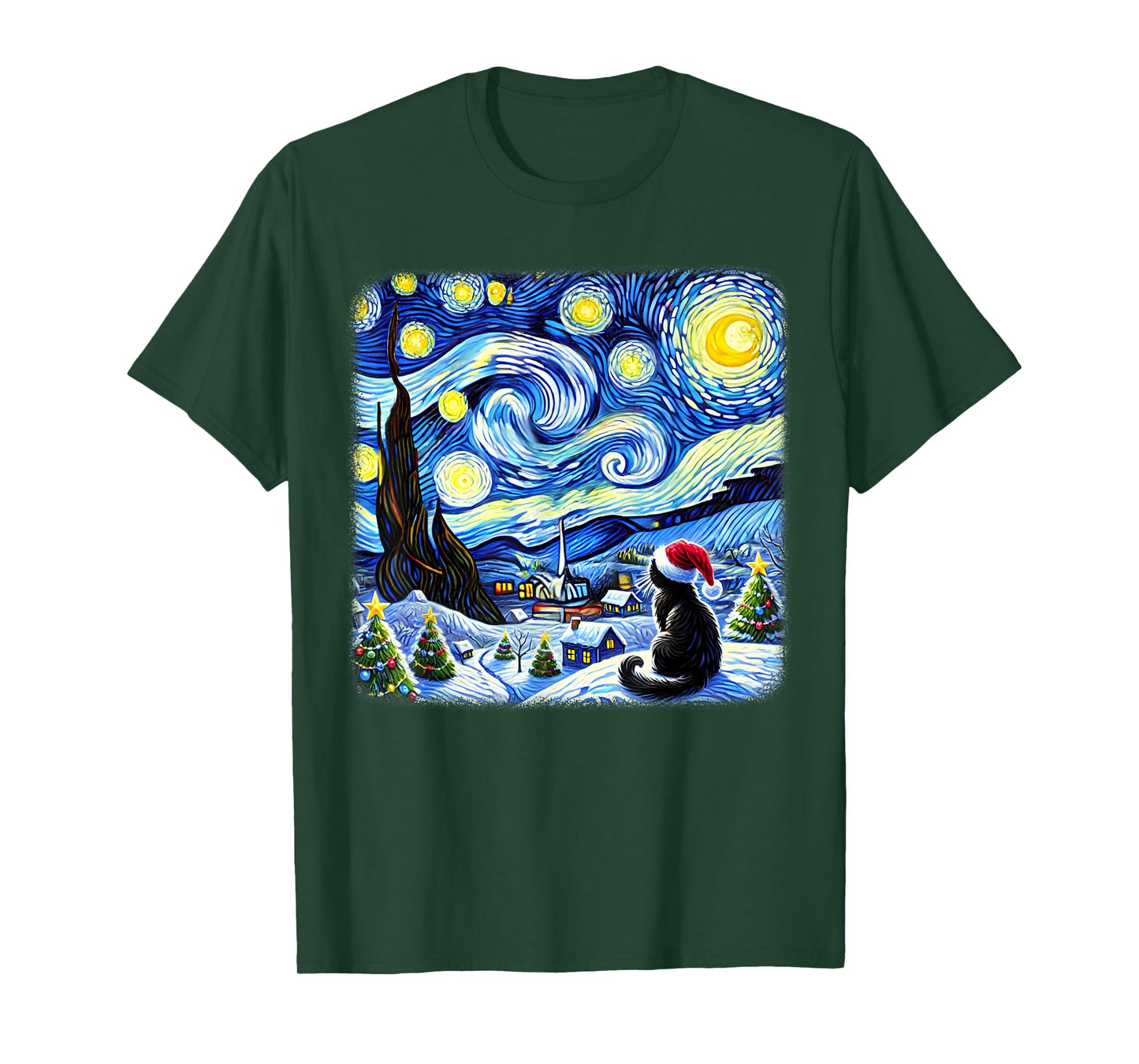 Christmas Van Gogh Starry Night Black Cat Santa Hat Xmas T-Shirt