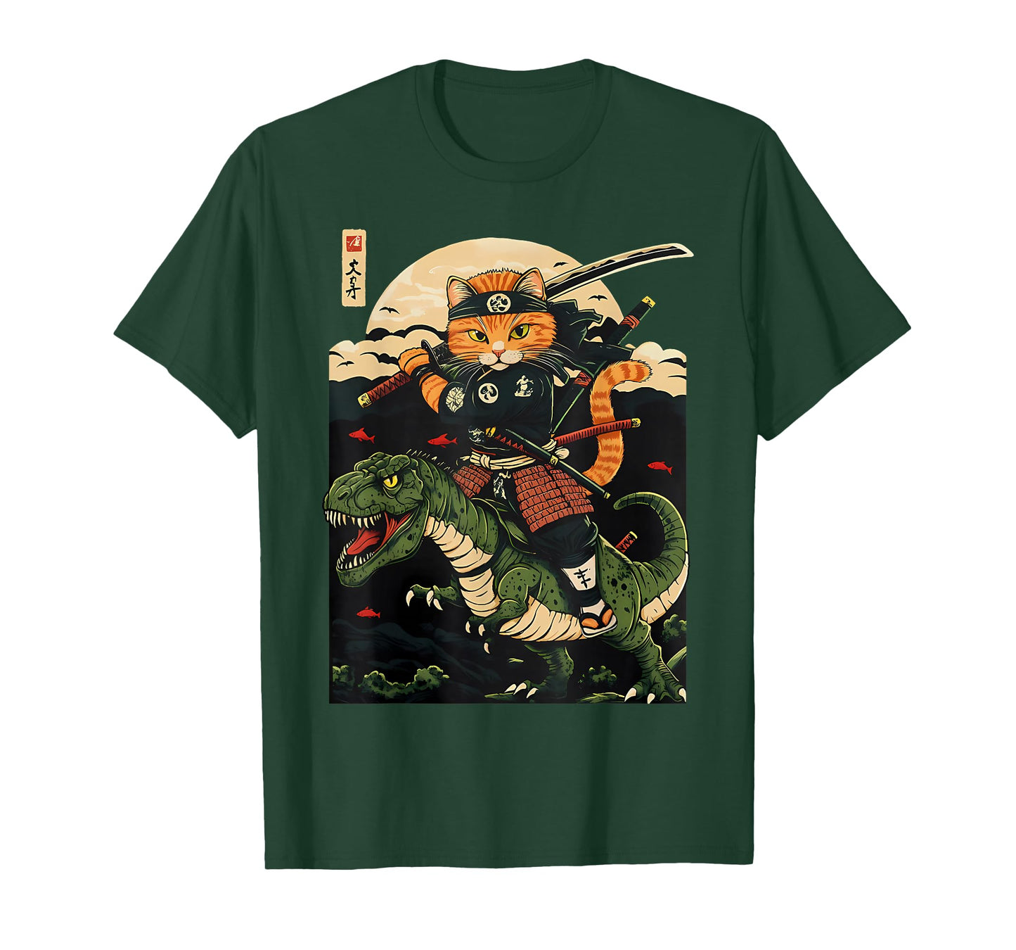 Samurai Cat Riding Dinosaur Japanese Ukiyo-e Cat Samurai T-Shirt