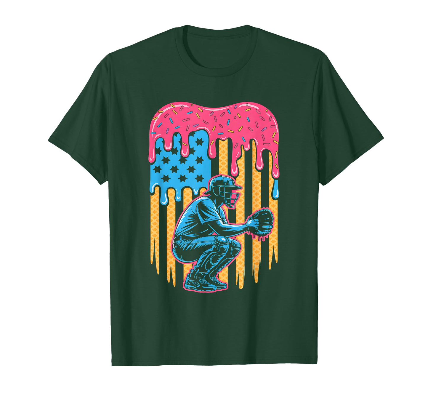 American Baseball Catcher Patriotic US Flag T-Shirt