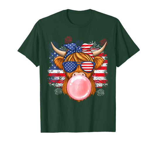 Cute Highland Cow 4th of July USA Flag Patriotic Cow Farmer T-Shirt