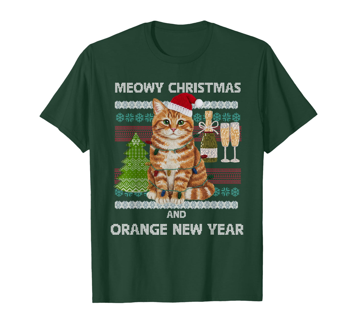 Meowy Christmas Funny Orange Cat Santa Hat Ugly Sweater T-Shirt