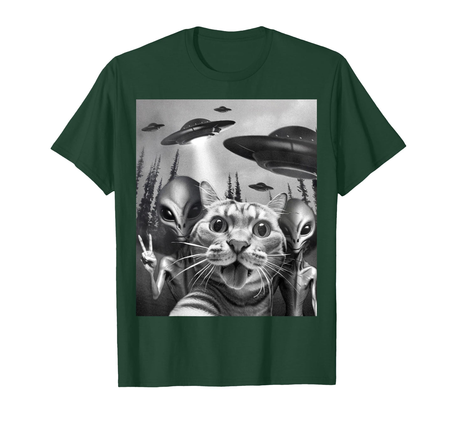 Funny Cat Selfie with UFOs Peace Sign Alien Cat UFO Invasion T-Shirt