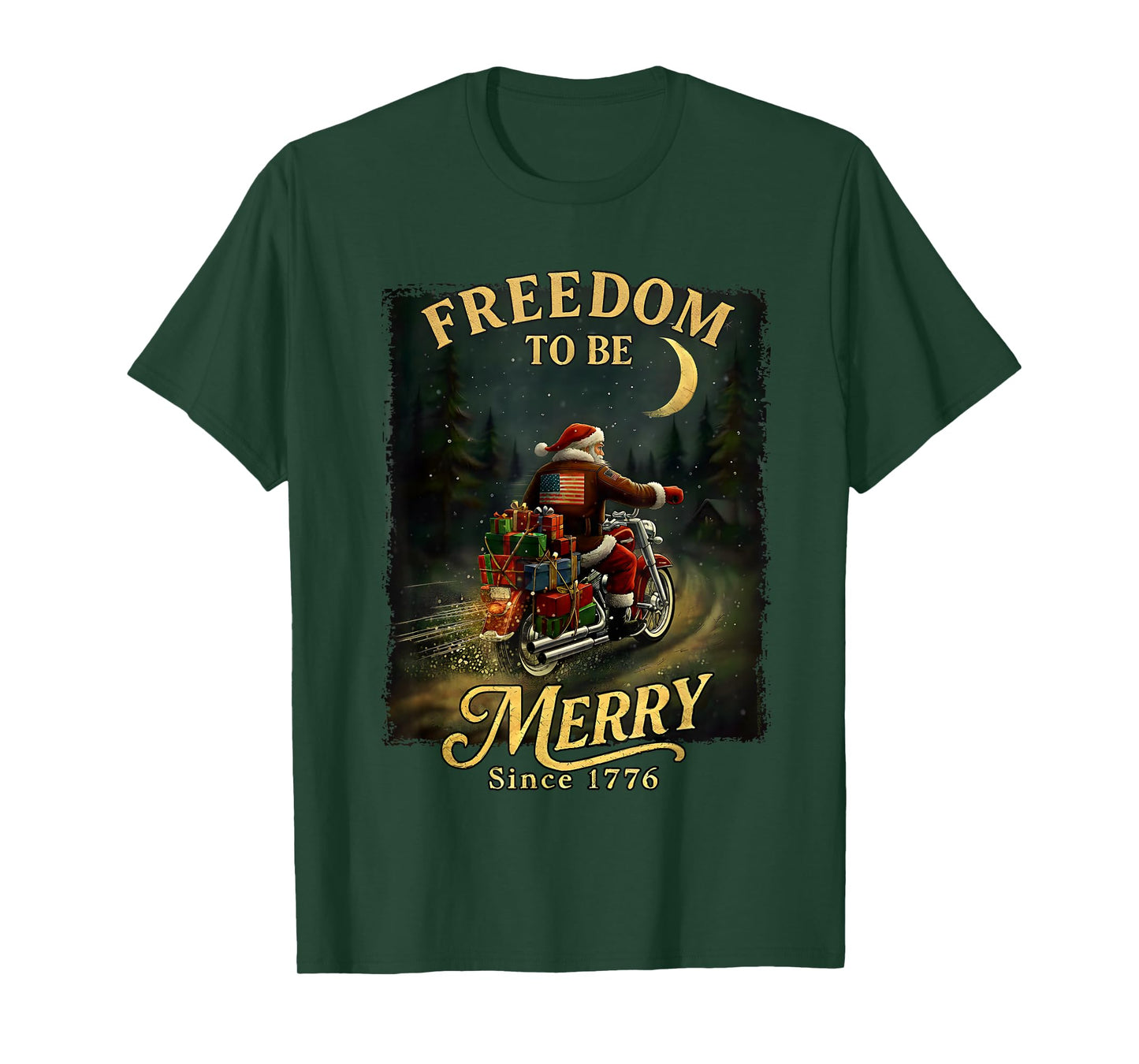 Vintage Patriotic Christmas Santa Riding Motorcycle T-Shirt