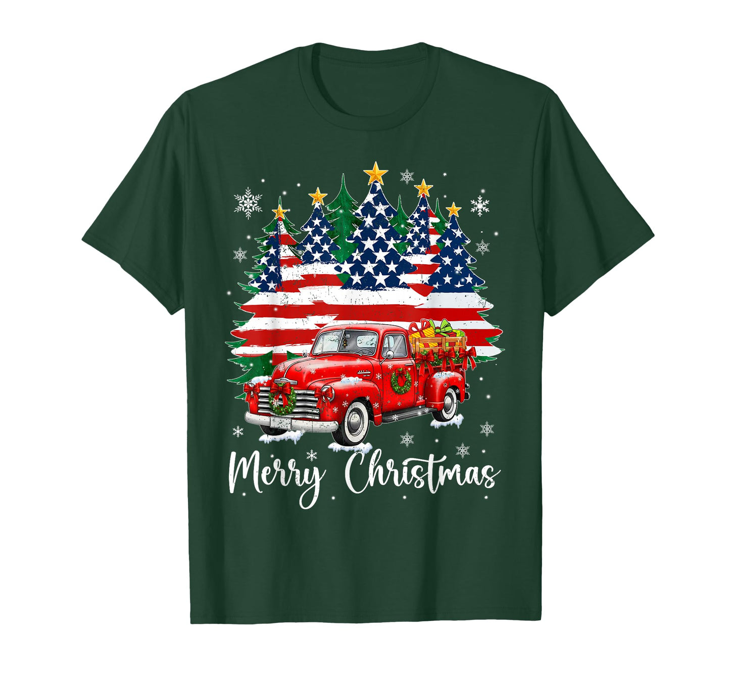 Merry Christmas Vintage Red Truck Us Flag Tree Xmas Men T-Shirt