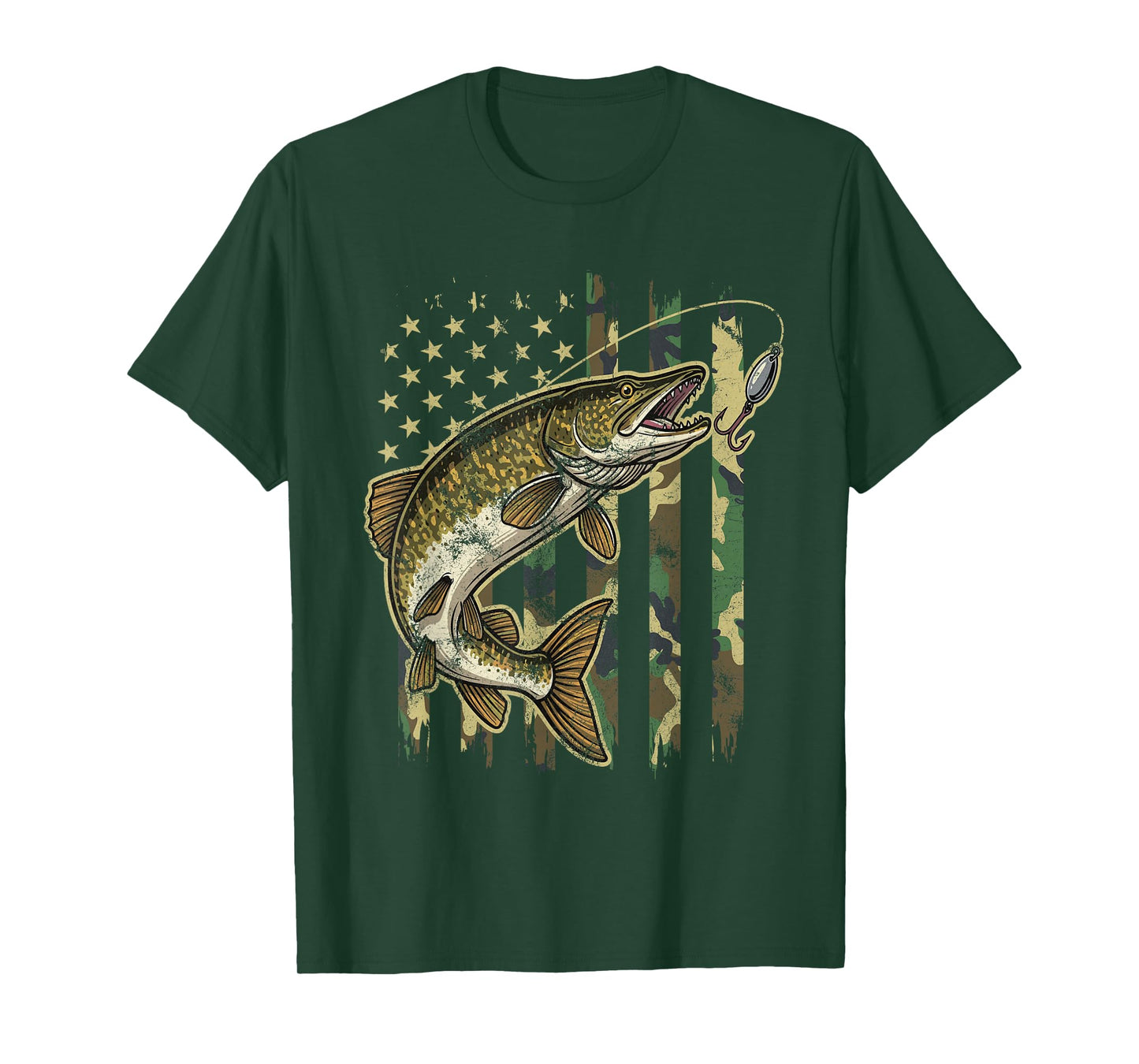 Vintage Northern Pike Fishing Camo American Flag T-Shirt