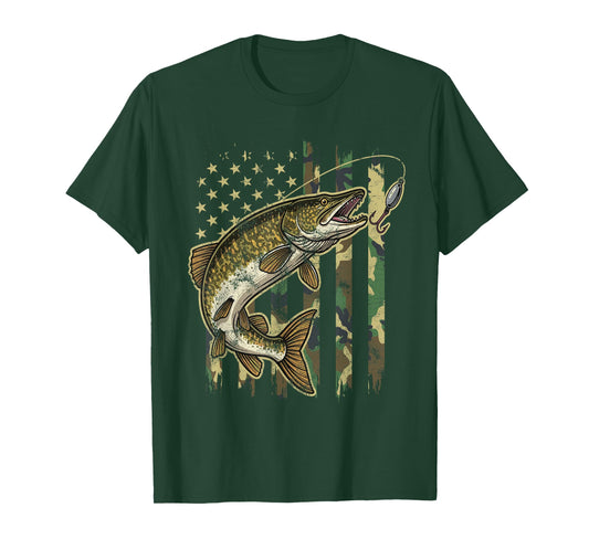 Vintage Northern Pike Fishing Camo American Flag T-Shirt