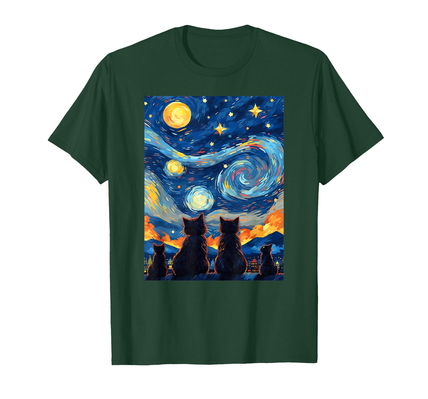 black cats Painting art Starry Night kitty kitten Van Gogh T-Shirt
