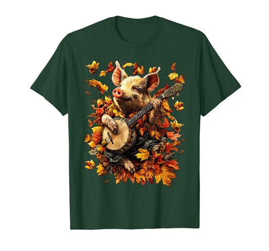 Banjoist Pig Playing Banjo Picker Fall Leaves Autumn Animal T-Shirt