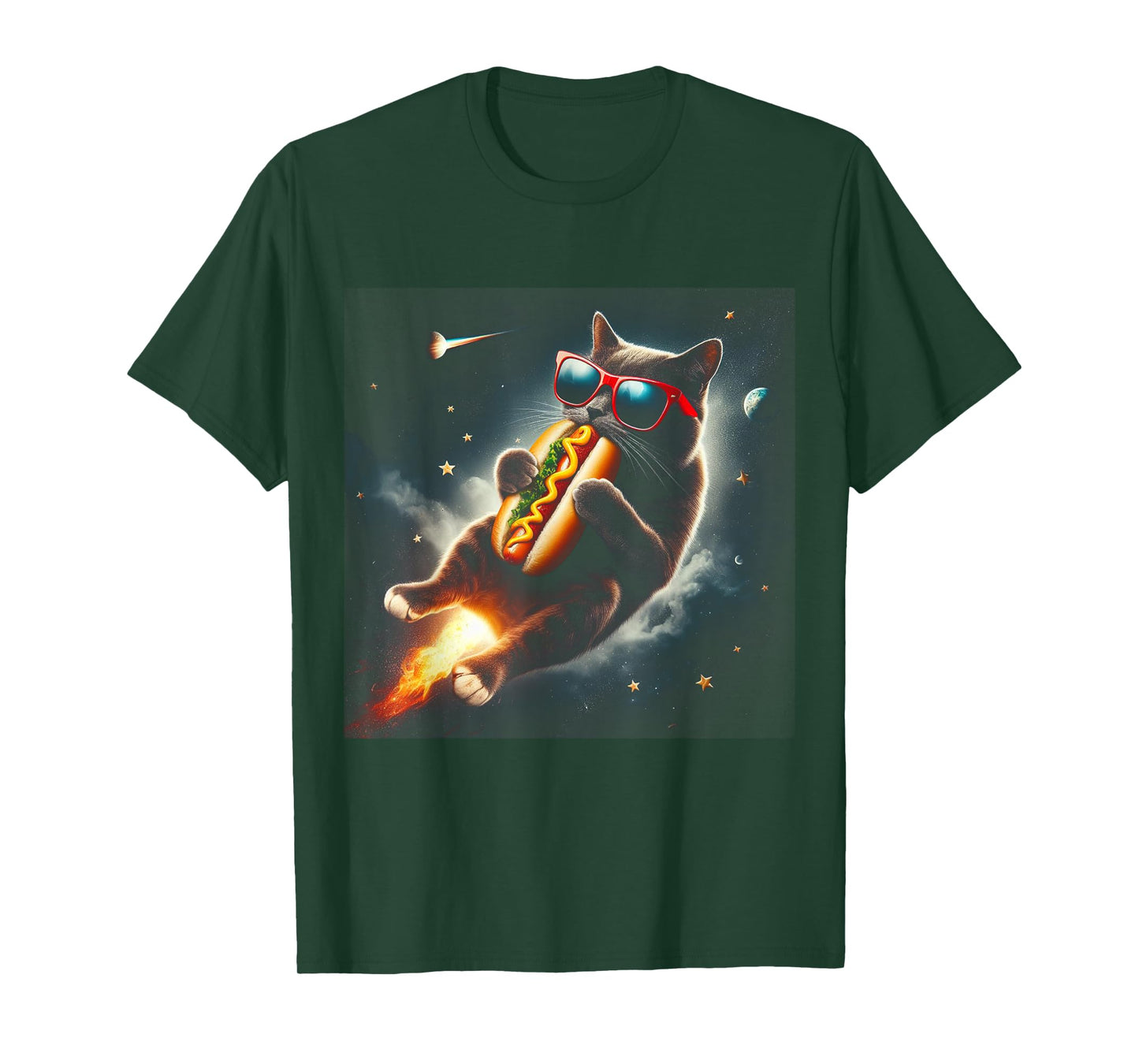 Funny Cat eating Hotdog in space kitty Space Galaxy T-Shirt for Men Women Kids