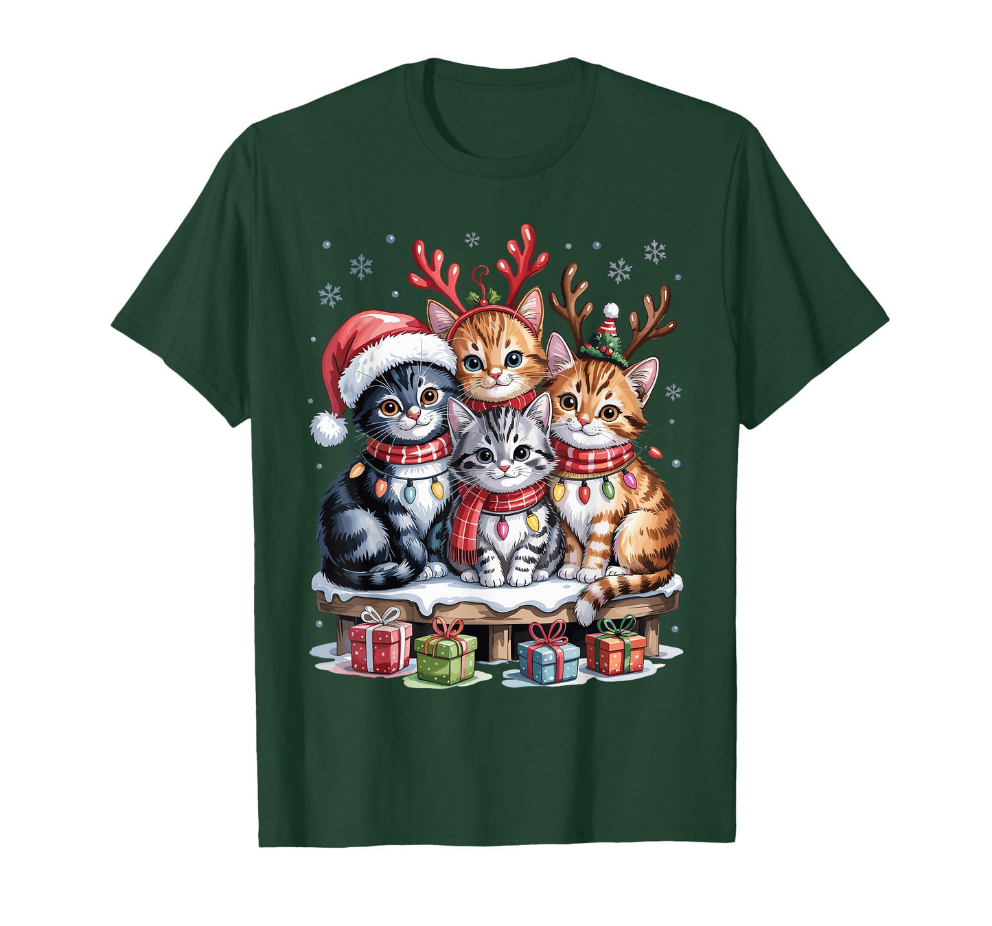 Cat Christmas Light Reindeer Santa Funny Xmas Pet Lover T-Shirt