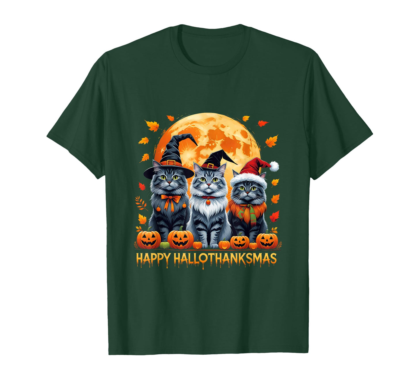 Happy Hallothanksmas Halloween Thanksgiving Christmas Cats T-Shirt