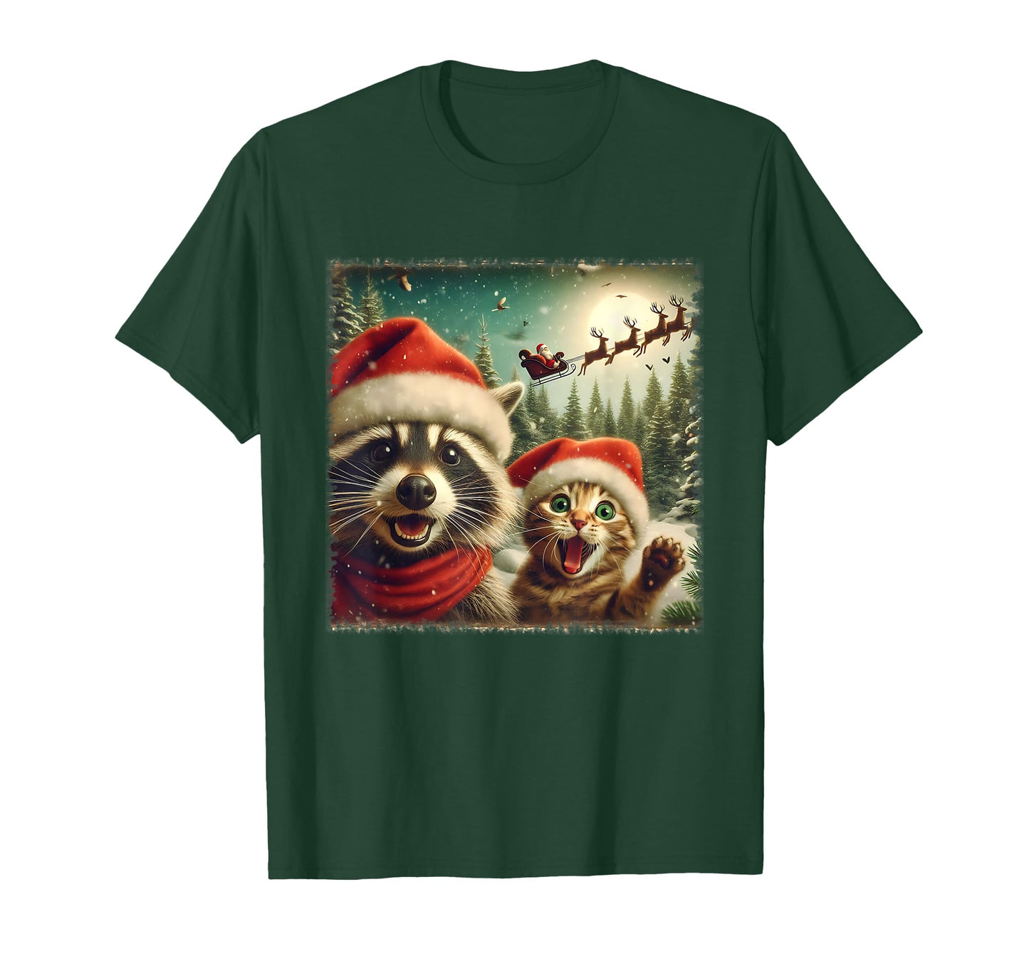 Funny Raccoon Cat Selfie With Santa's Sleigh Weird Christmas Men Women Kids T-Shirt