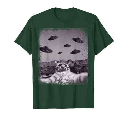 Alien UFO Cat Meme T-Shirt for Men Women Kids
