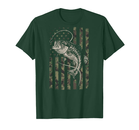 Fishing Camo American Flag Bass Fish (Design on Back) Long Sleeve T-Shirt