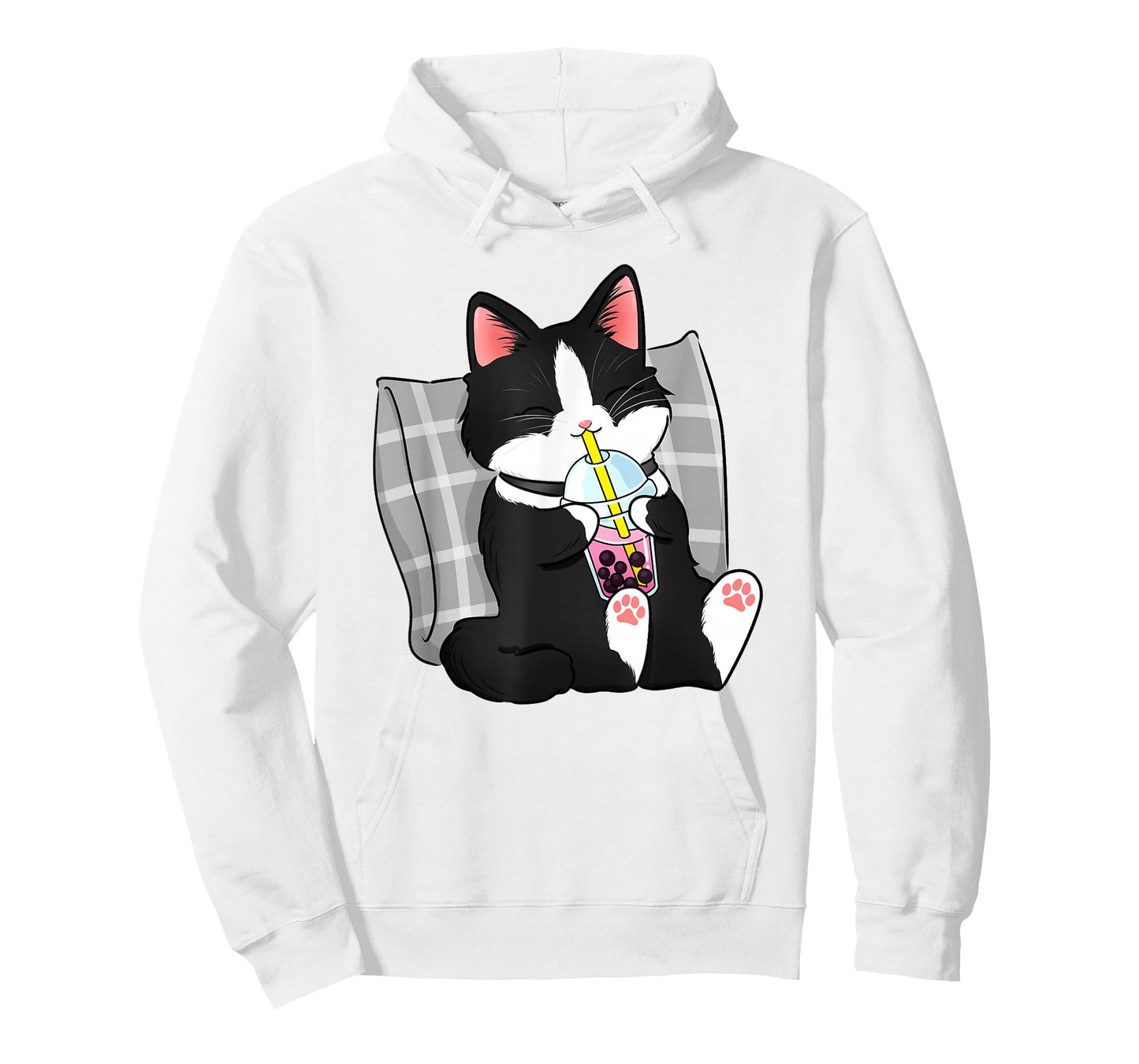 Tuxedo Cat Illustration Drinking Boba Milk Tea Design T-Shirt