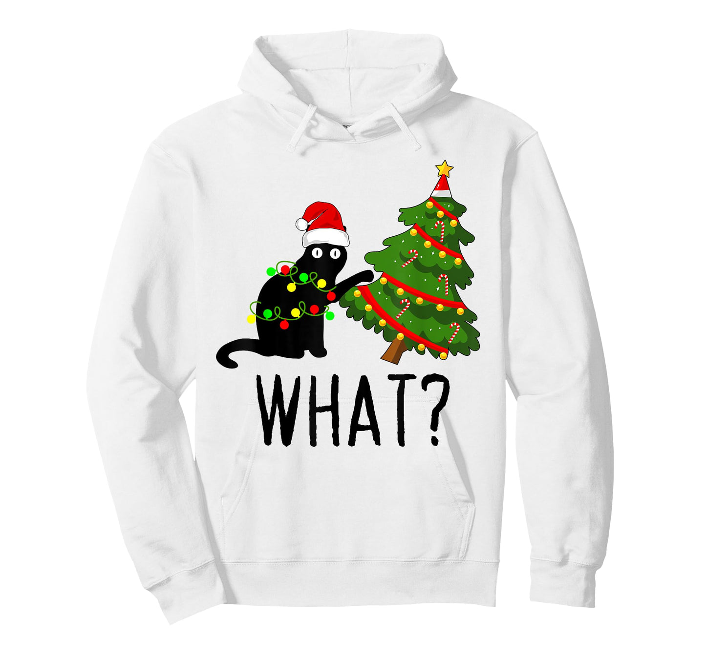 Black Cat Pushing Christmas Tree Over Cat What? Cat Shenanig T-Shirt for Men Women Kids