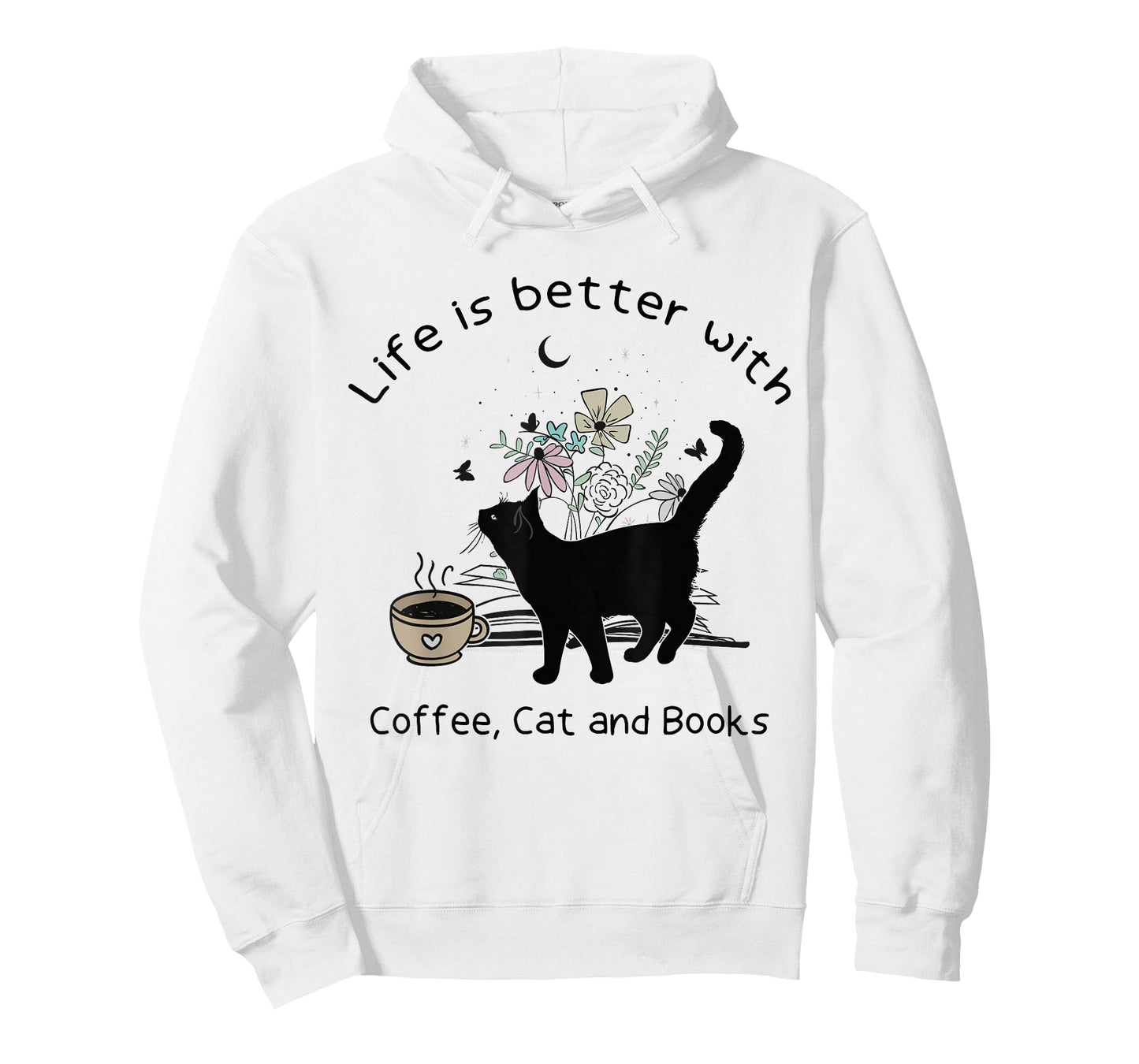 Life is Better With Coffee Cat and Books Funny Cat Sayings T-Shirt for Men Women Girls Kids