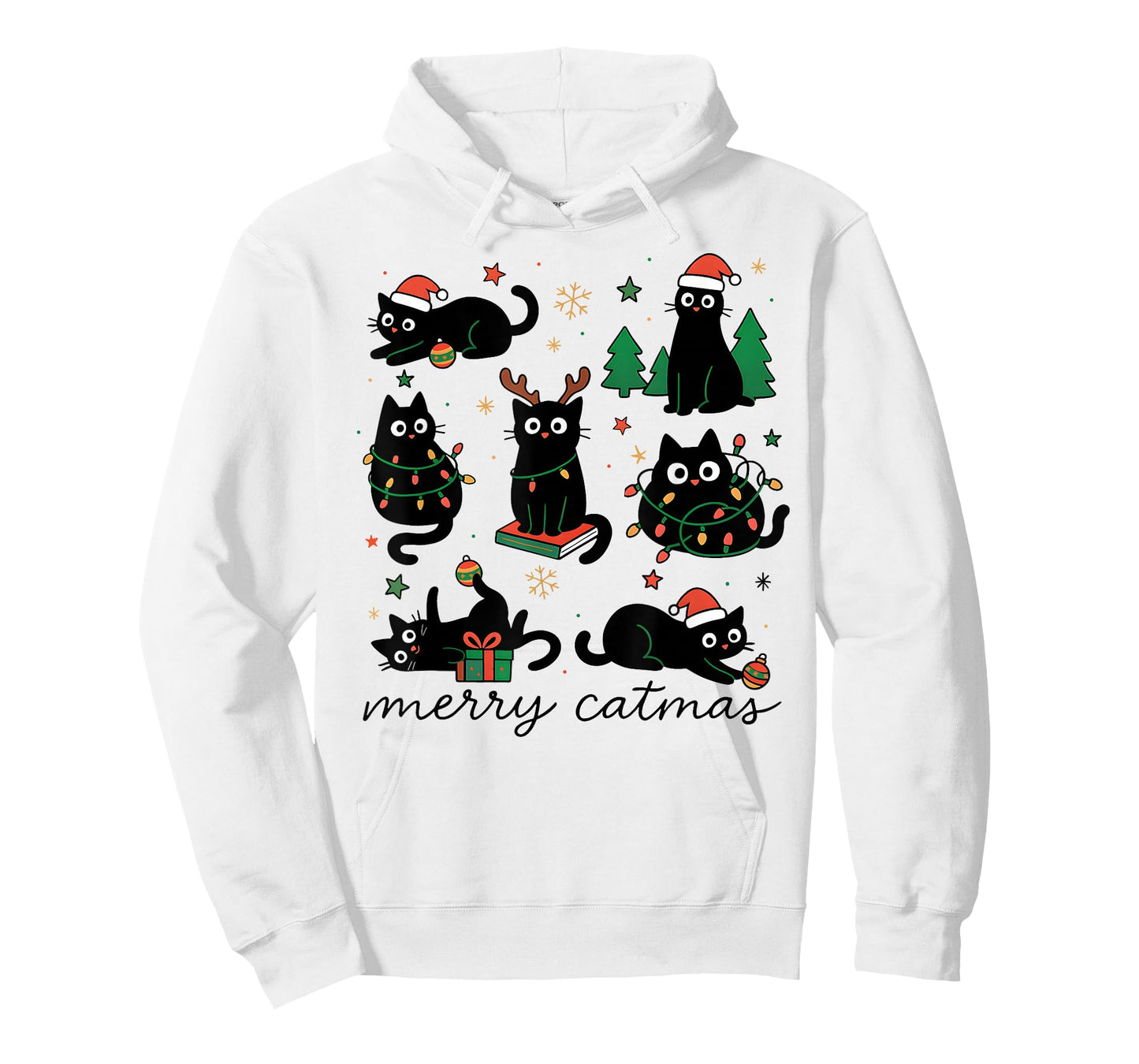Cute Merry Catmas Cat Lover Christmas Light Pajama Santa Hat T-Shirt