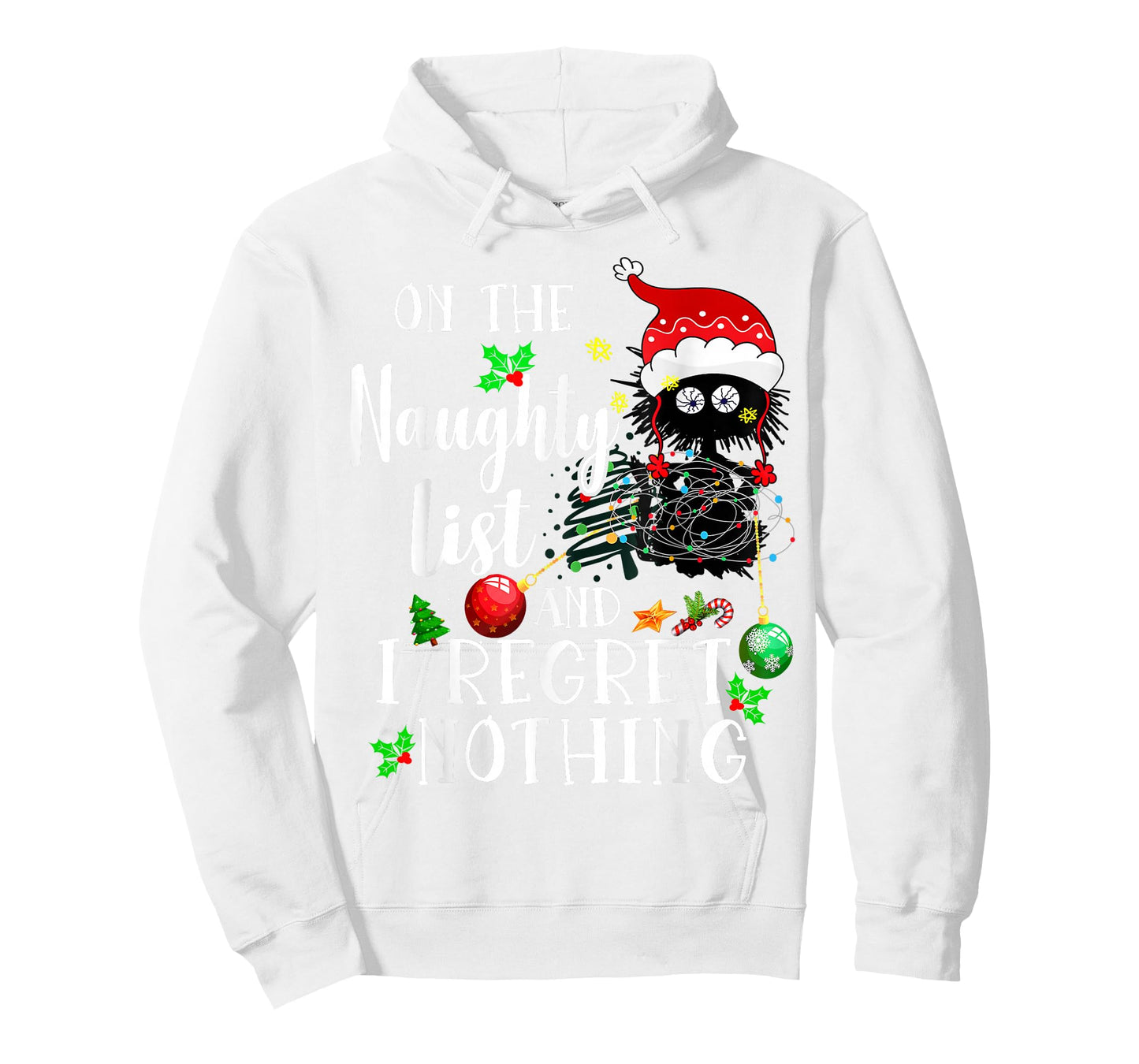 On the Naughty List and I Regret Nothing cute cat Xmas Light T-Shirt