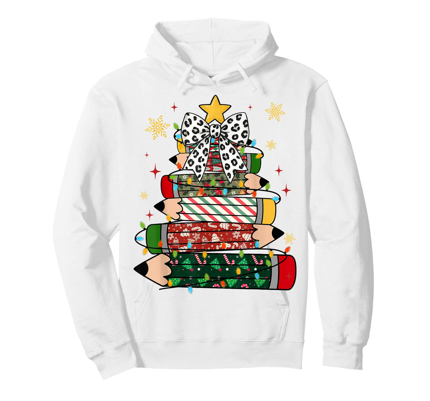 Teacher Christmas Tree Lights Pencil Leopard Print Cute Bow T-Shirt