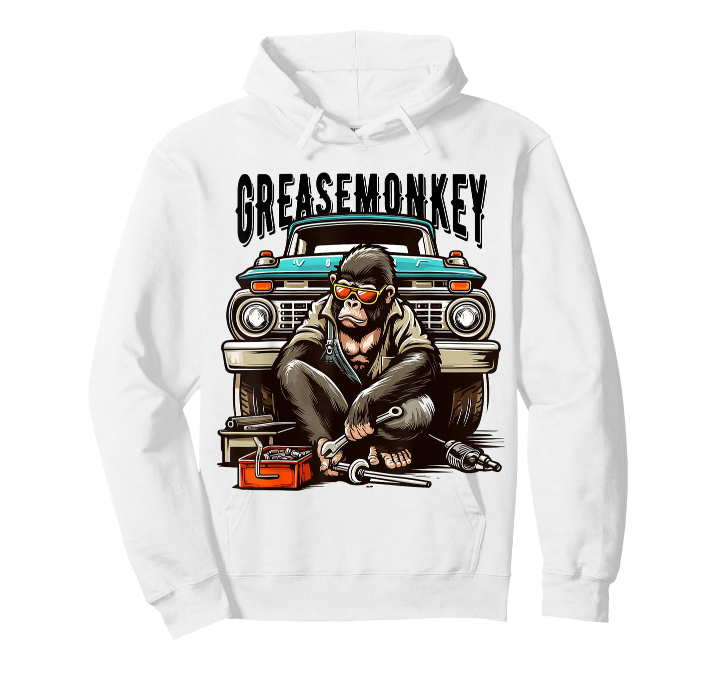 Cool Grease Monkey with Sunglasses Working on Vintage Truck T-Shirt