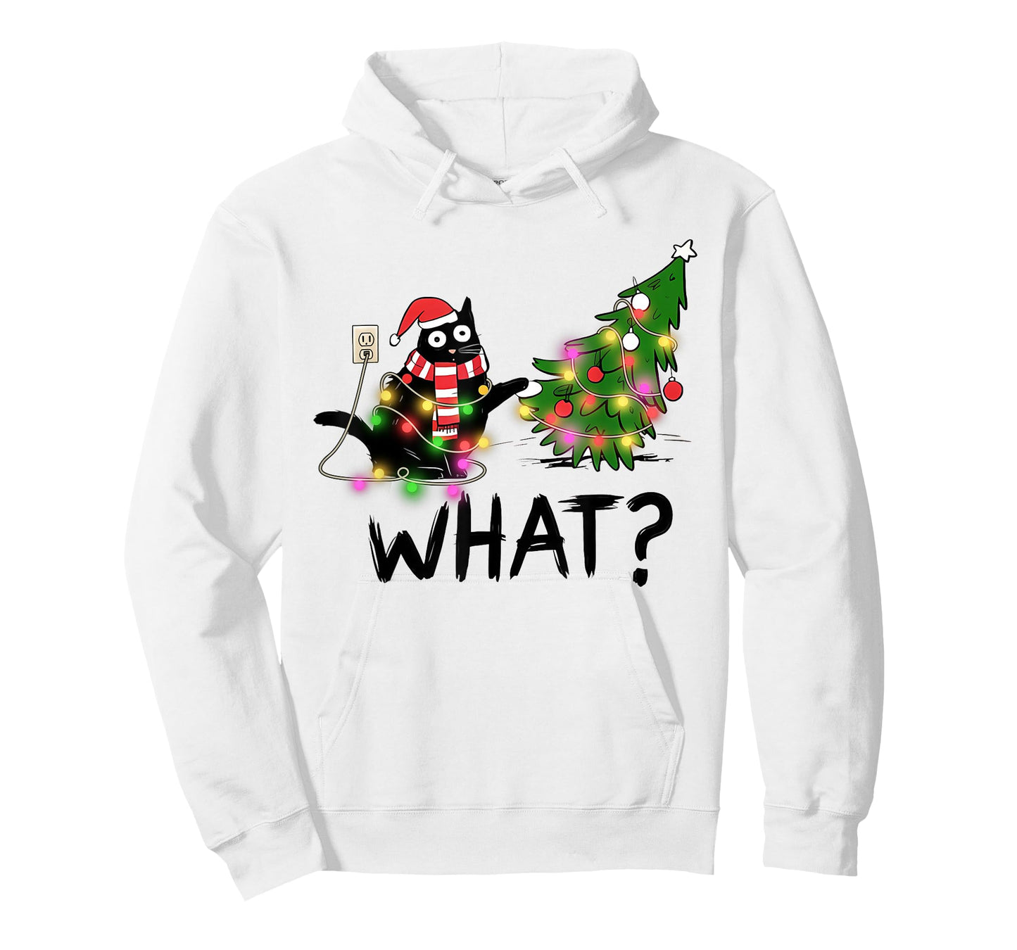 Funny Black Cat Gift Pushing Christmas Tree Over Cat What? T-Shirt