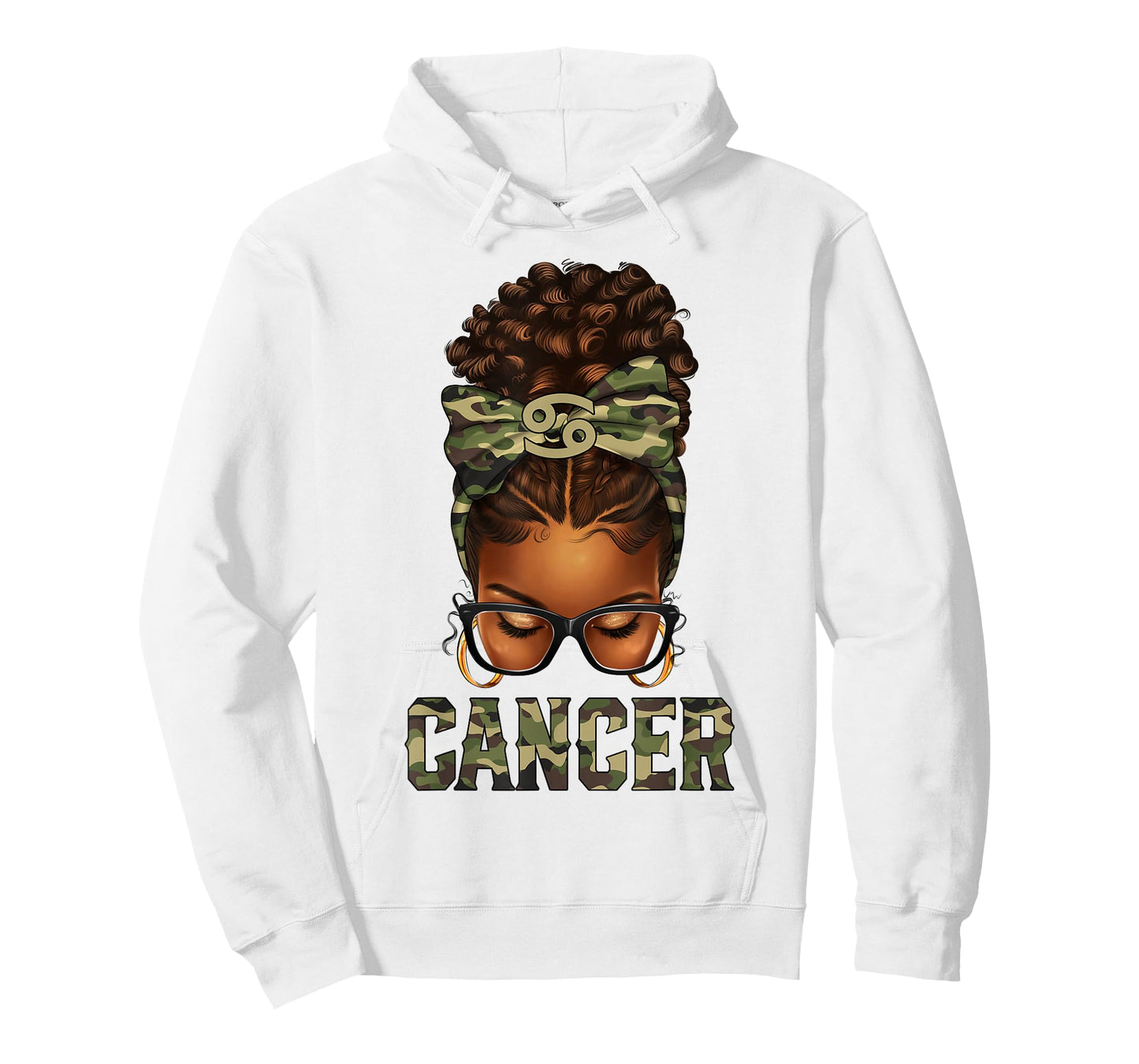 Afro Black Woman Messy Bun Camo Zodiac Cancer Queen T-Shirt