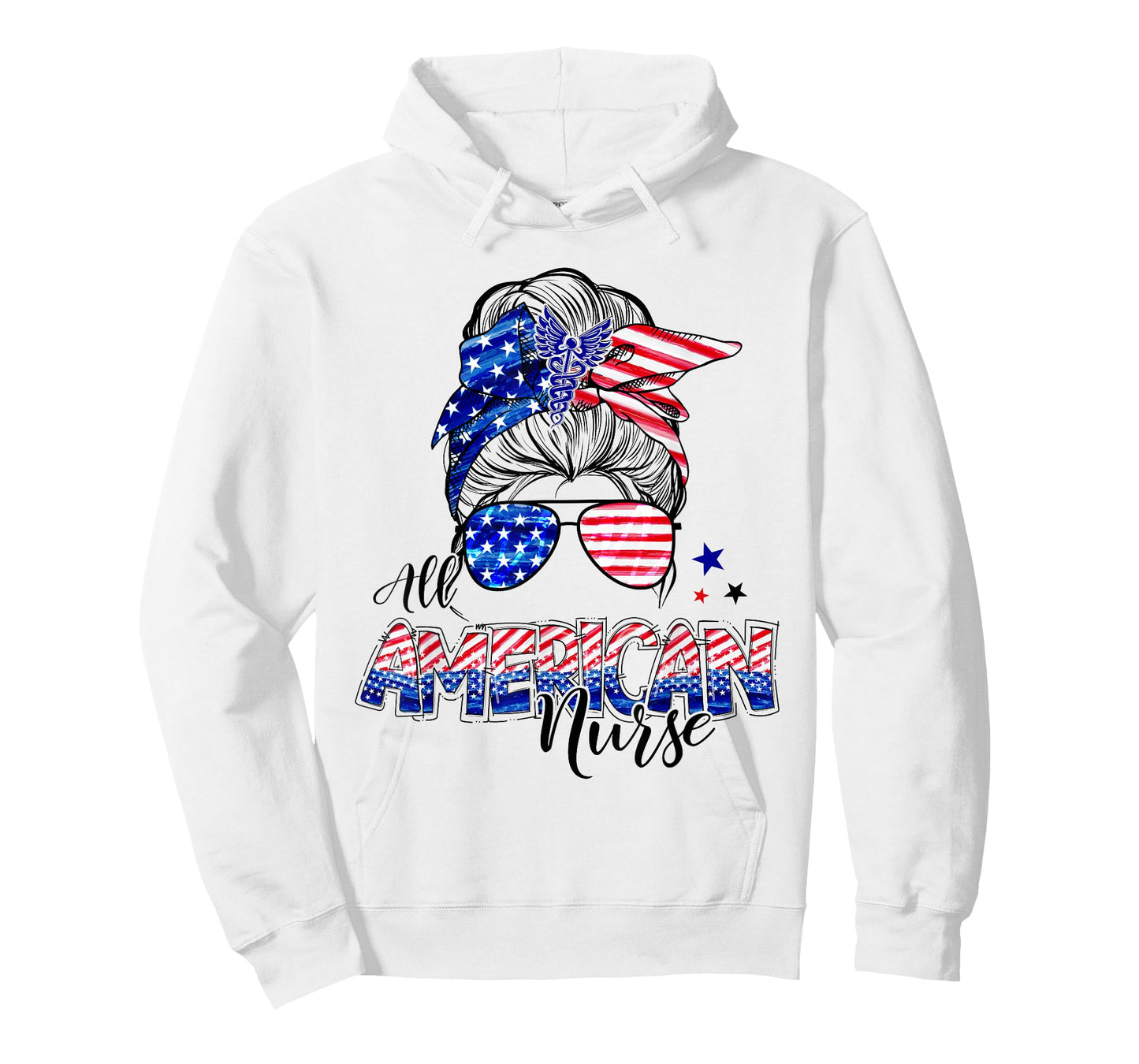 American Flag Patriotic Nurse Messy Bun 4th Of July T-Shirt