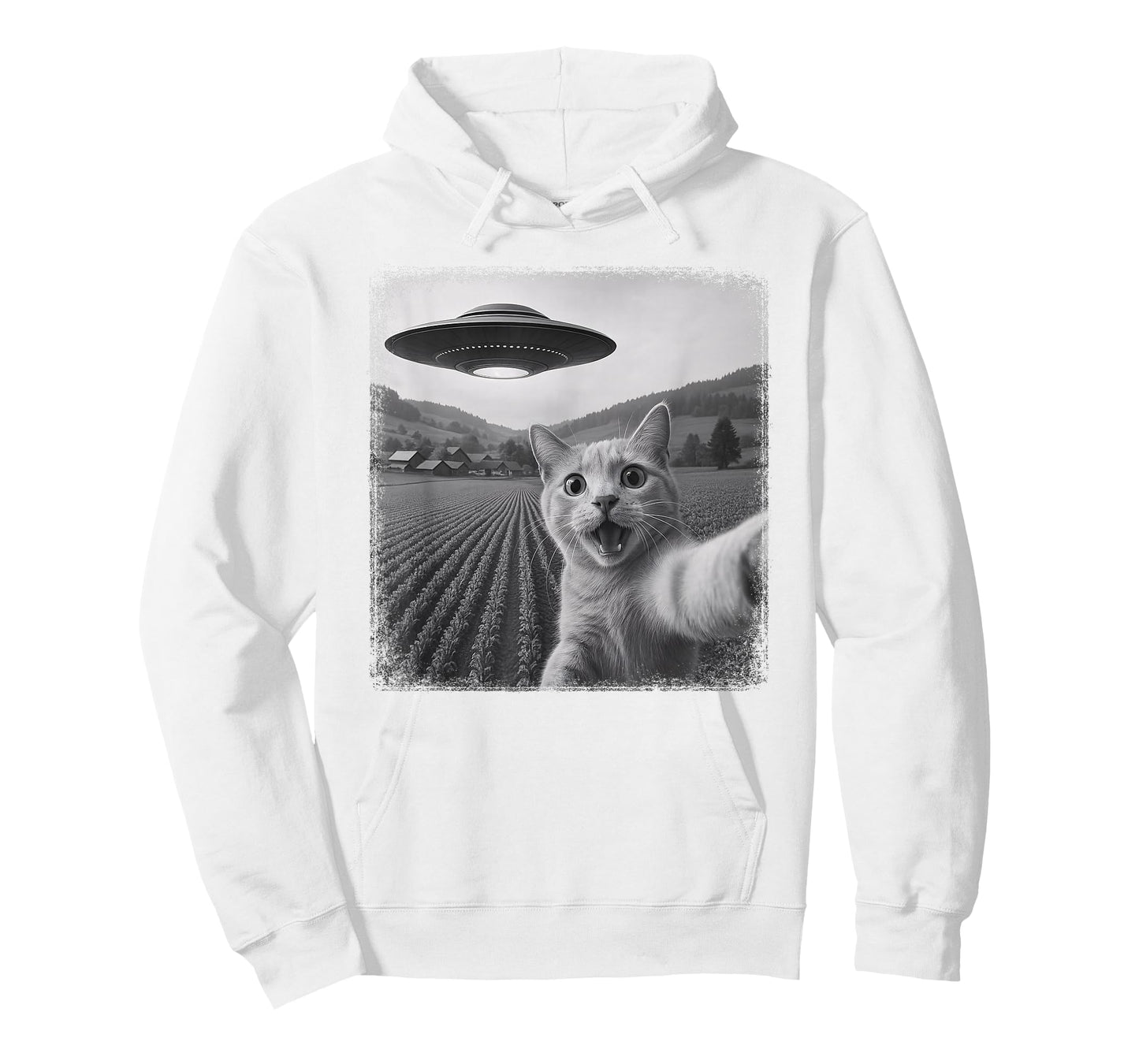 UFO Distressed Orange Tabby Cat Selfie with Invasion Alien T-Shirt