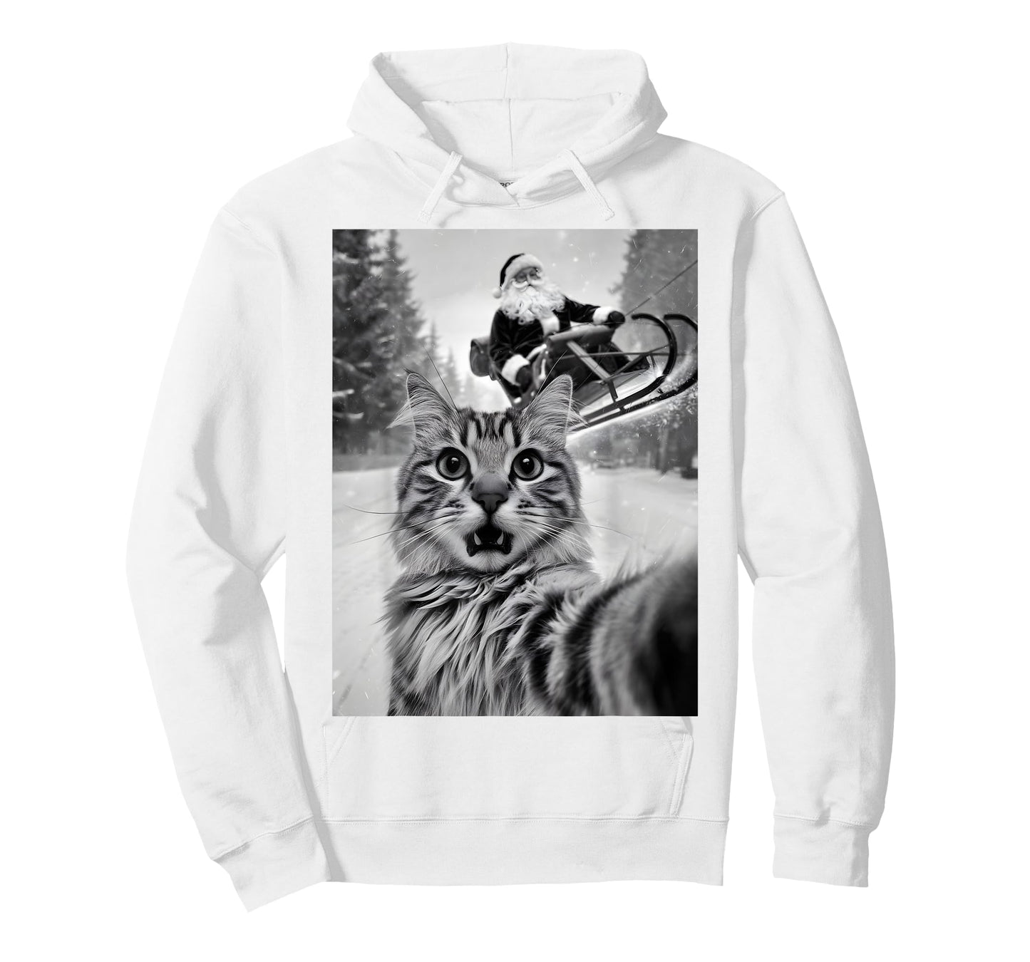 Christmas Cat Selfie With Santa Claus Sleigh Merry X-Mas Men Women Kids T-Shirt