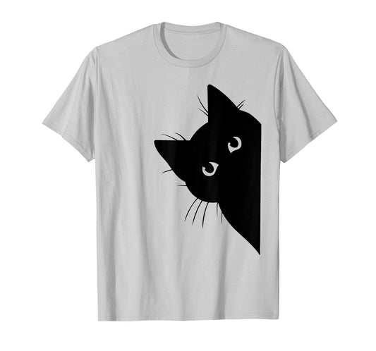 Curious Black Cat Peeking, Funny Sneaky Cat, Cat Mom Cat Dad T-Shirt