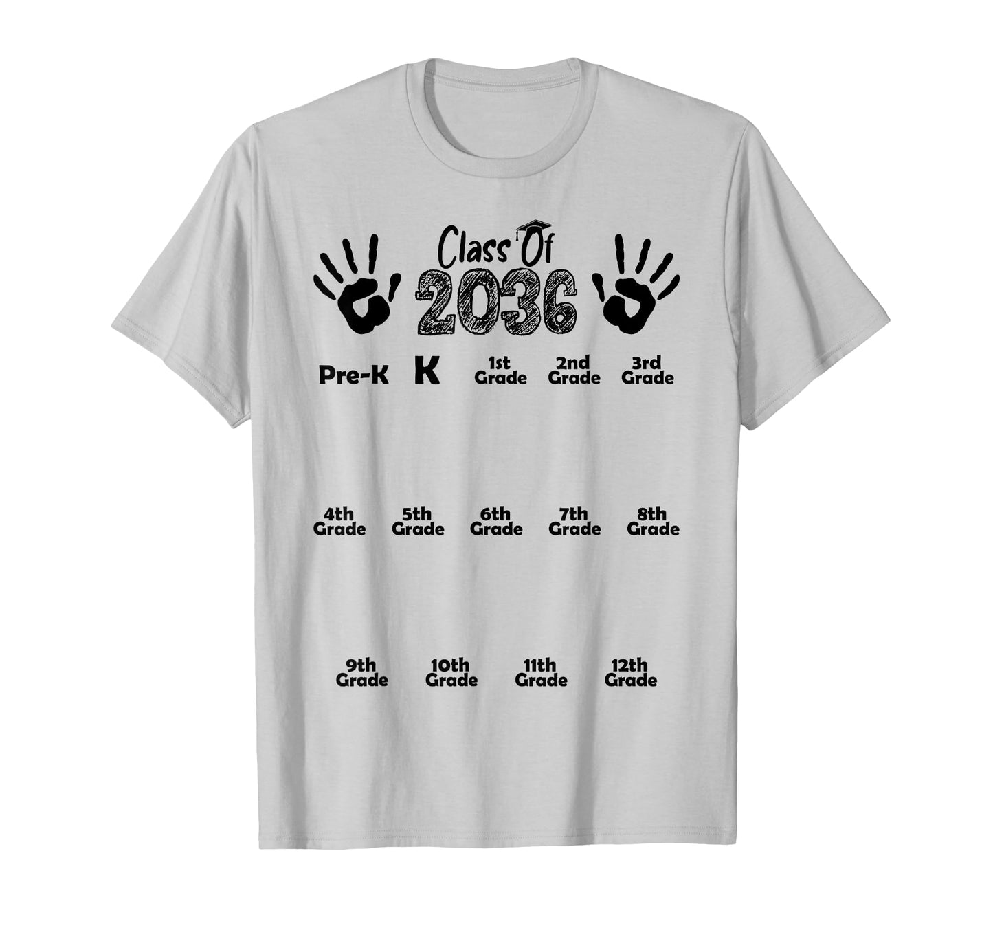 Class of 2036 Grow With Me White Handprint Pre-K 12th Grade T-Shirt