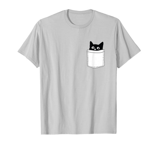 Cute Black Cat Spy Peeking in Pocket for Kitten Lovers T-Shirt