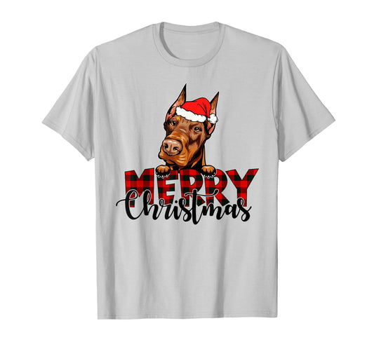 Merry Christmas Doberman Dog Christmas Red Plaid Santa Hat T-Shirt