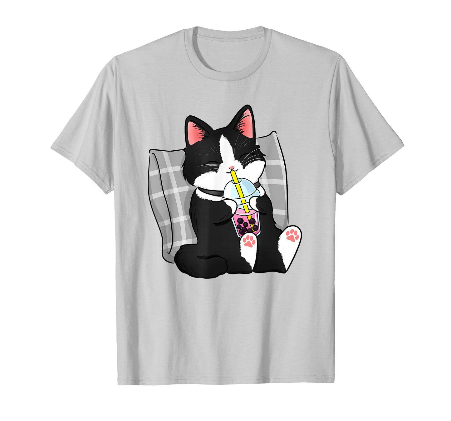 Tuxedo Cat Illustration Drinking Boba Milk Tea Design T-Shirt