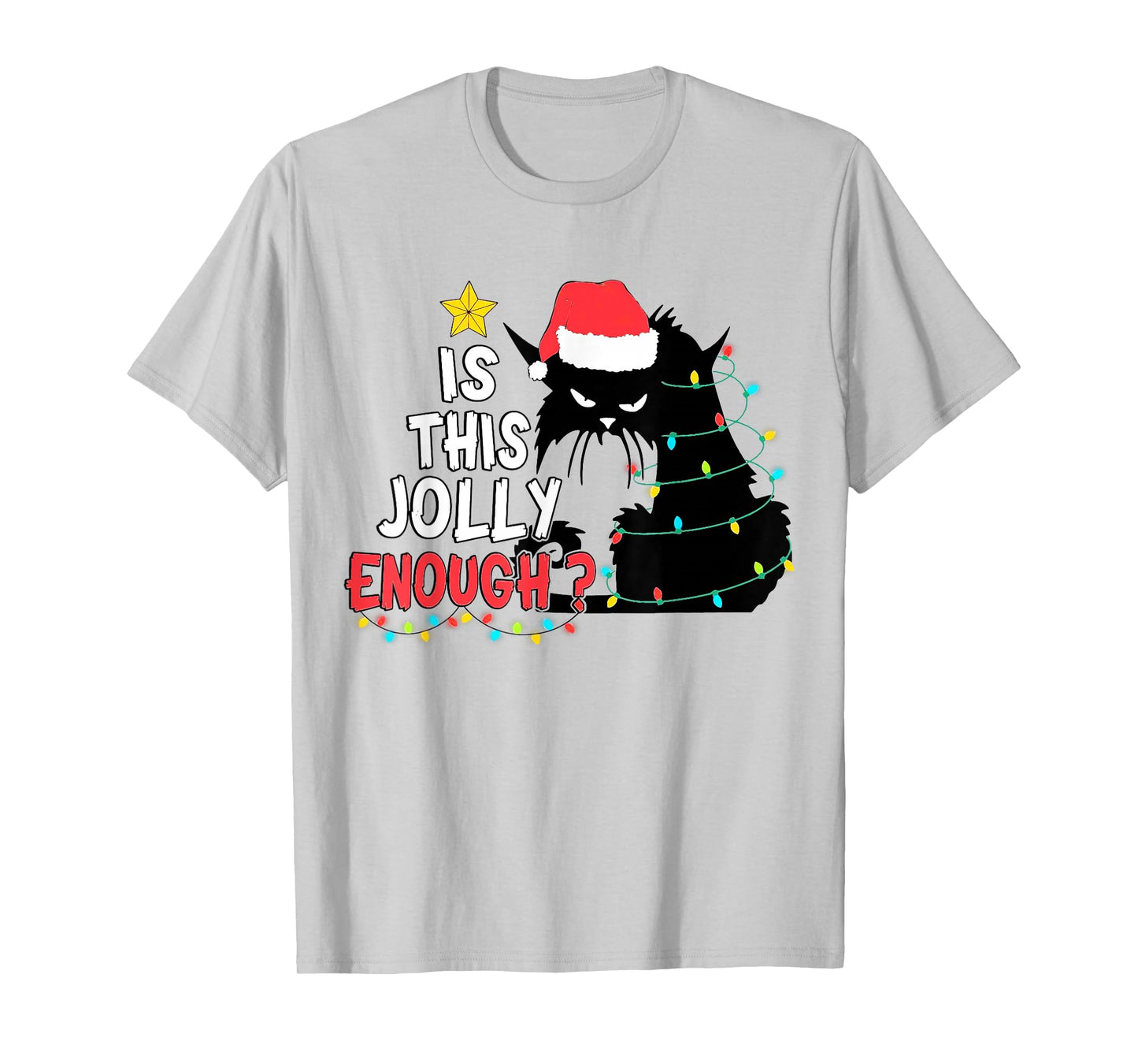 Is This Jolly Enough Black Cat Merry Christmas Tree Lights T-Shirt