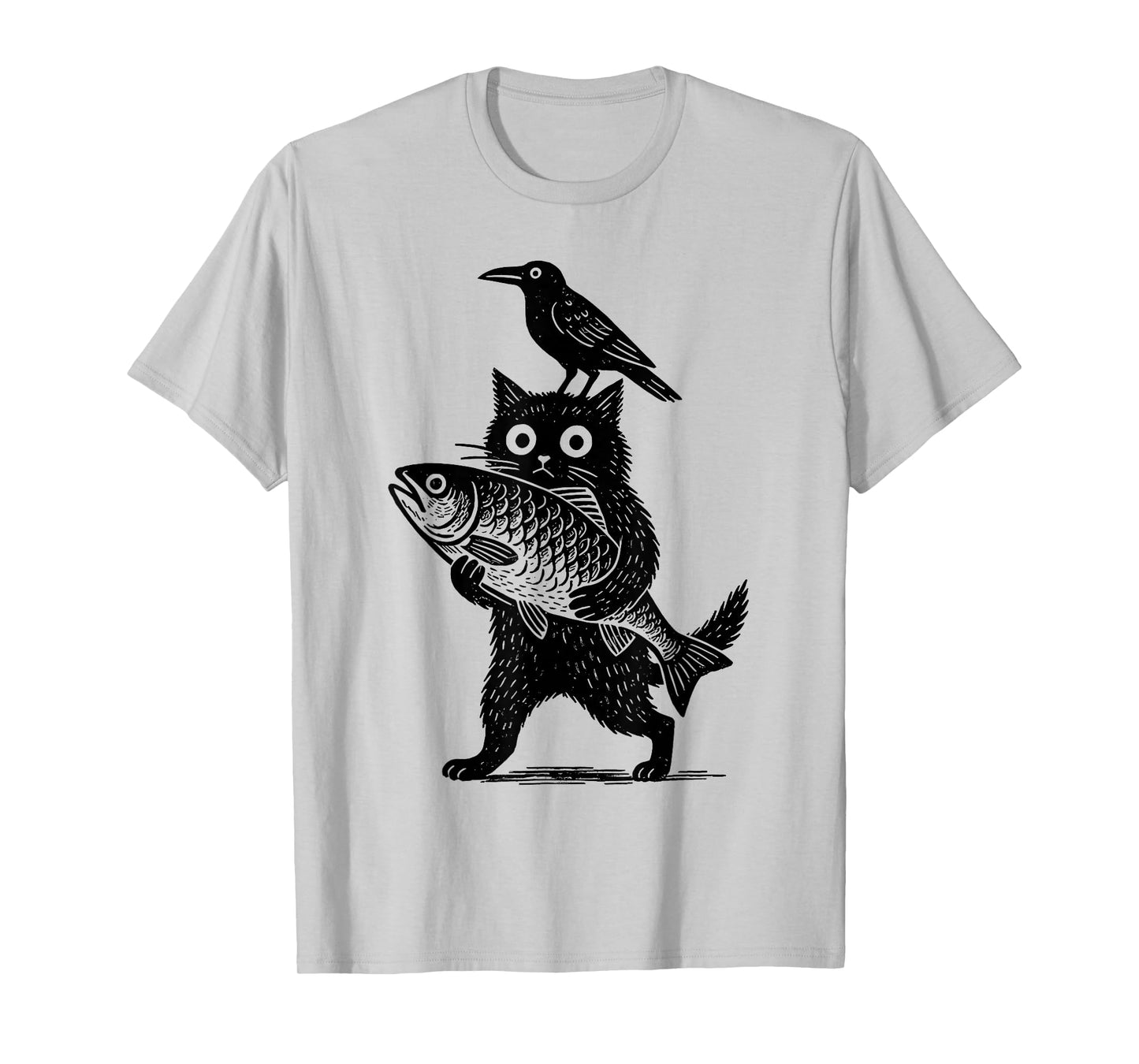 Black Animals Funny Cat with Crow Catches Fish Japanese Art T-Shirt