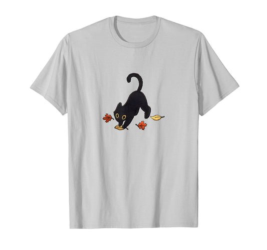Cute Black cat Pouncing Leaves T-Shirt