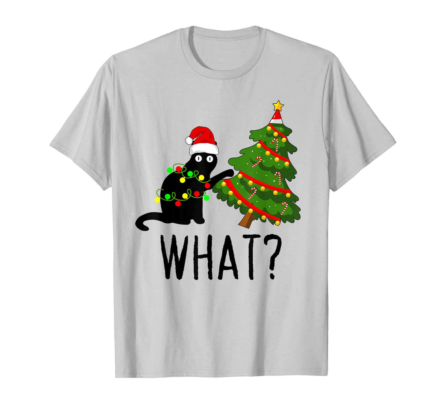 Black Cat Pushing Christmas Tree Over Cat What? Cat Shenanig T-Shirt for Men Women Kids