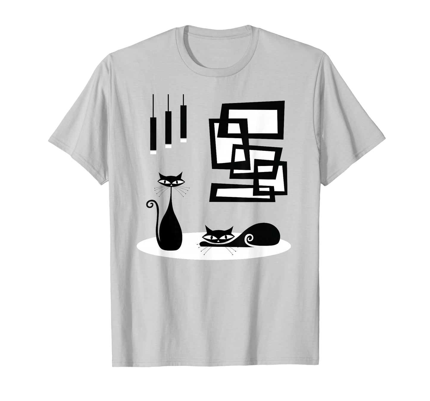 Retro Cat Mid Century Modern Cats and Atomic Art T-Shirt, Women's, Unisex, Short Sleeve, Grey, Small, Regular Fit, Cotton Blend, Machine Wash, US Size Small