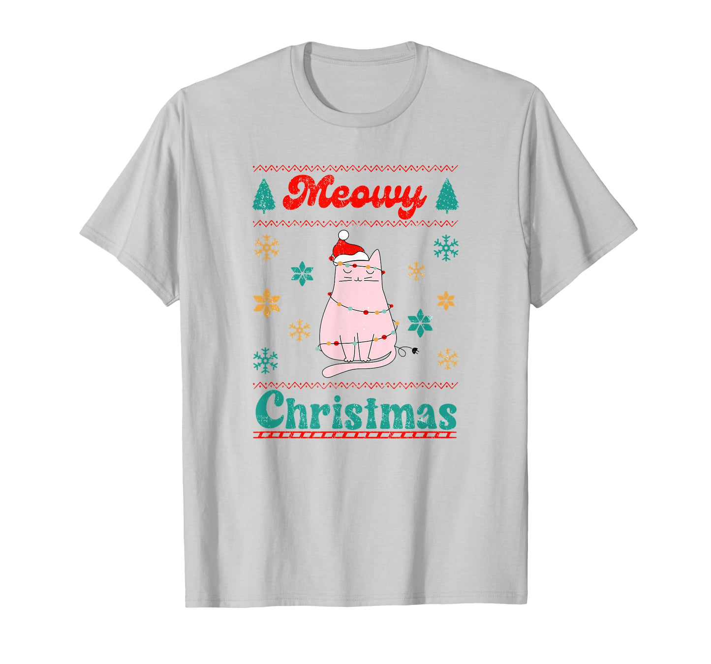 Meowy Catmas Christmas Cat in Santa Hat & Christmas Lights T-Shirt