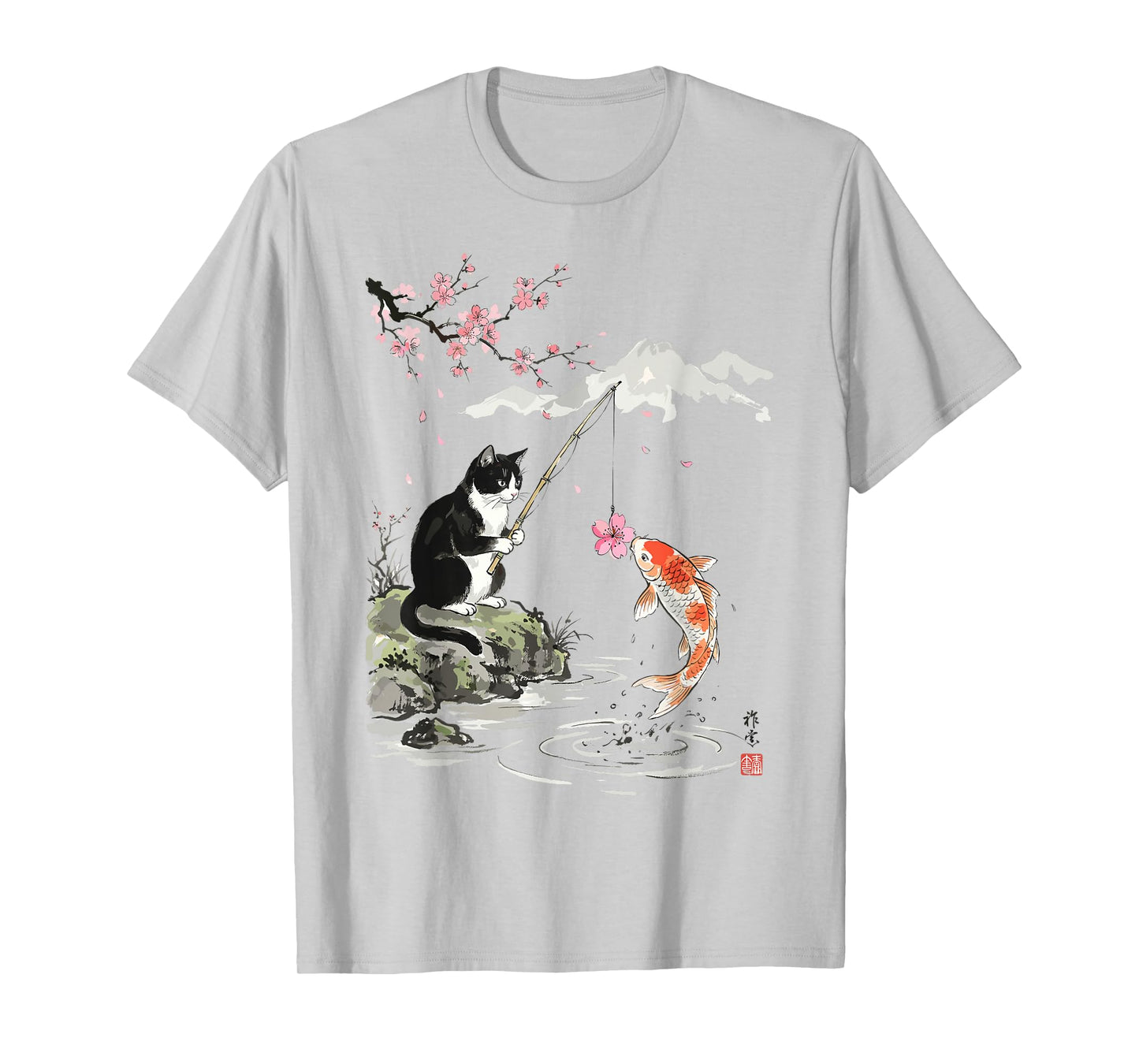 Japanese Cherry Blossom Cat Koi Fishing Funny T-Shirt