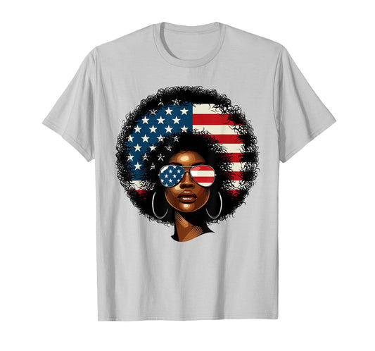 Black Girl US Flag Melanin Afro 4th of July African American T-Shirt