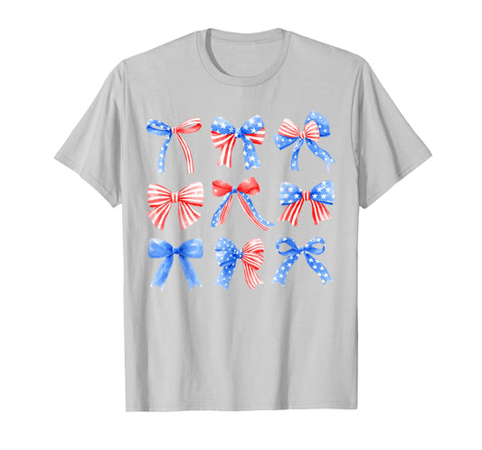 Coquette Bows Red White Blue USA Flag 4th of July Women Girl T-Shirt