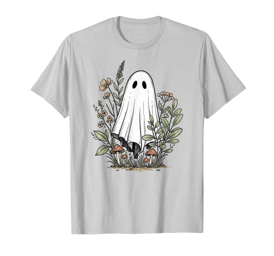 Cute Ghost in Cottage Core Botanical Wildflowers Spooky Fall T-Shirt